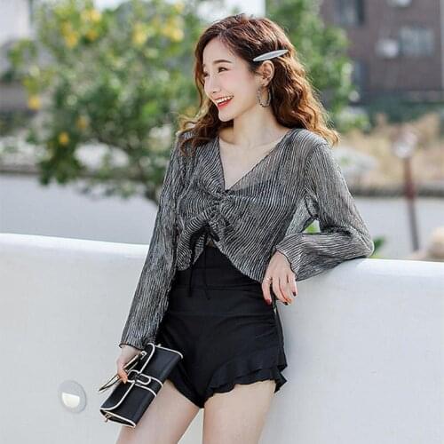 2021 Fashion Long Sleeve Drawstring Elastic Sun Protection Sling Hollow Ruffled Hem Tight-Fitting Halter Elegant Hot Spring Swim