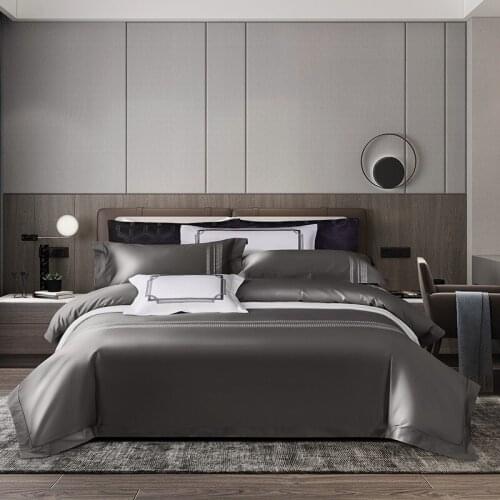 4Pcs 1000TC Long Staple Egyptian Cotton High End Bedding Embroidery (1Duvet Cover+1Bed sheet+ 2Pillow Shams) Deep Gray Orange