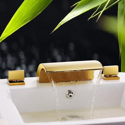 Free shipping Ti-PVD GOLD Three Holes Single Handle Waterfall Bathtub Faucet