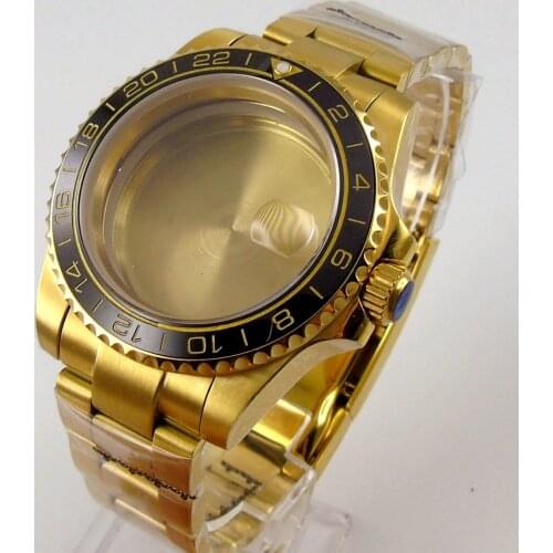 40MM Watch Case Whole Gold Coated Material with magnifier+ Watch Band Fit ETA 2836 MIYOTA NH35 NH36 Movement Sapphire Glass