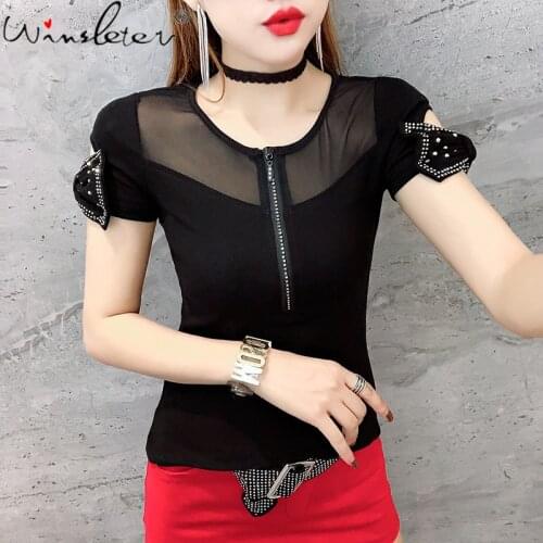 Summer Korean Clothes Cotton T-Shirt Chic Sexy Patchwork Mesh Zipper Women Tops Hollow Out Bowknot Short Sleeve Tees New T15233A