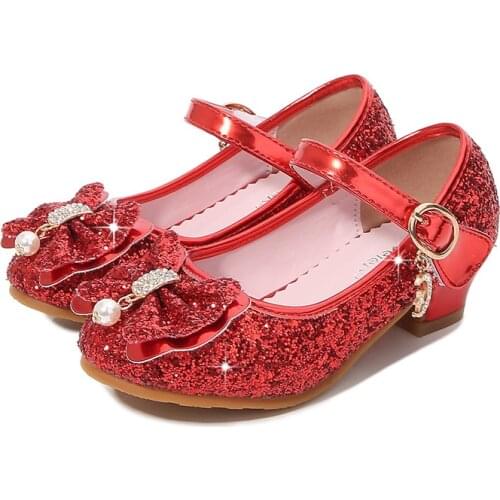 Kids Leather Shoes New Girls Flower Princess Shoes Casual Bow Sequins Glitter Children High Heel Girls Shoes E472