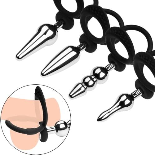 Metal Anal Plug With Silicone Penis Ring Double Cock Ring Anal Expander Butt Plug Vagina Anus Massager Sex Toys For Couples