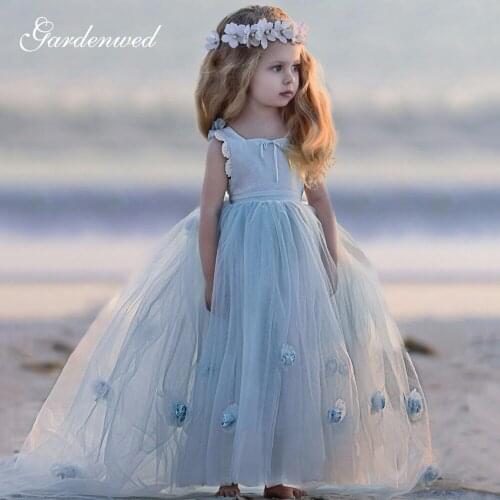 Cute Puffy Flower Girl Dresses Light Blue Hand Made Flowers First Communion Dresses Square Long Tulle Baby Girl Party Dresses