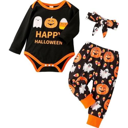 Autumn Halloween Costume for Kids Clothes Baby Boys Girls Halloween Letter Romper+ Cartoon Pants+Hat Outfits Set Pour Enfants