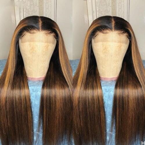 Brown Ombre Highlight Blonde Silky Straight Lace Front Wig For Women Human Remy Hair With Baby Hair Natural Hairline Brazilian