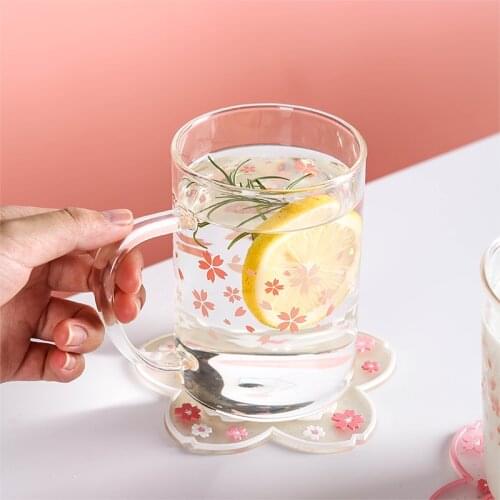 Cherry Blossom Cup Transparent Pink Flower Coffee Milk Teacups Heat Resistant Sakura Glass Mug Kawaii Tasse Cup Coaster