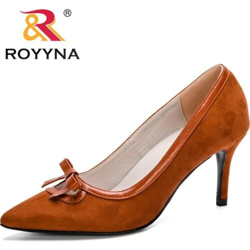 ROYYNA 2020 New Designers High Heels Pumps Women Flock Party Office Wedding Shoes Ladies Bowknot Large Sizes Footwear Feminimo