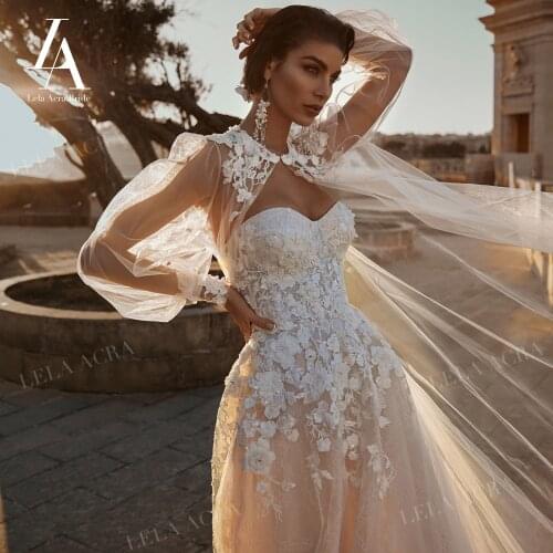Fairy Flowers Wedding Dress Boho 2 In 1 Sleeve Beaded Appliques A-Line Princess LelaAcra RY18 Bridal Customized Vestido de Noiva
