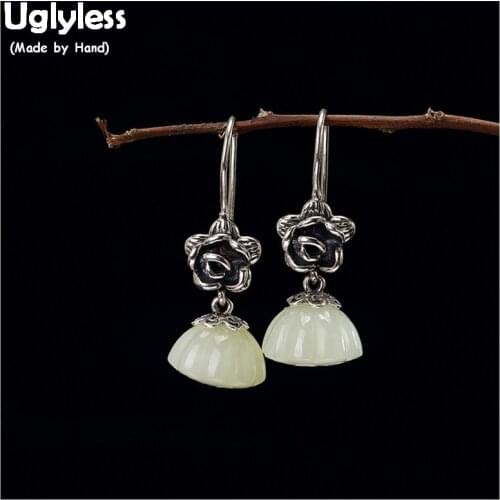 Uglyless Handmade Thai Silver Retro Flower Earrings for Women 100% Real Solid 925 Silver Fine Jewelry Nature Jade Lotus Earrings