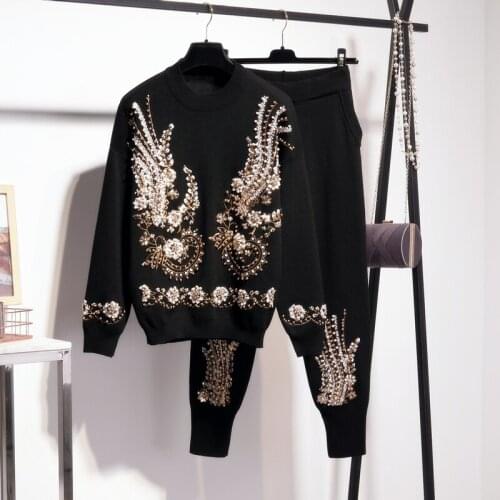 Autumn Winter Tracksuit Women Fashion Beading Long Sleeve Knitted Sweater Harlan Pants 2 Two Piece Set Ladies Clothing Tide G615