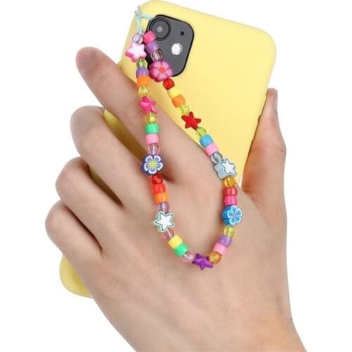 BLUE STAR 2021 Trendy Flower Smile Phone LOVE Letter String Wristband Mobile Phone Chain For Women Strap Lanyard Bohemia Pearl B