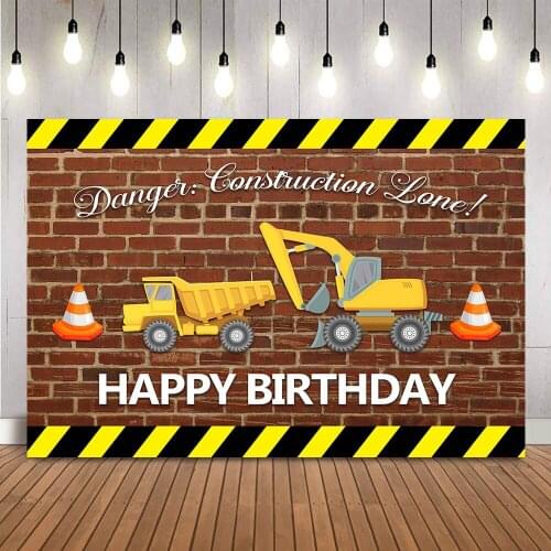 Construction Birthday Backdrop Rustic Brick Wall Dump Truck Photo Background Boy Birthday Party Decoration Dessert Table Banner