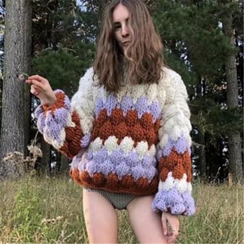 Womens Chic Striped Sweaters Winter Oversized Hand Knitted Cardigans Long Sleeve Boho Cotton Pullovers Mujer Colorful Sweater