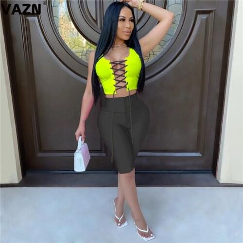 VAZN 2020 Hot Sexy Club Hollow out Open Special Cross Bandage Mini Tank Top High Waist Knee Length Slim Women 2 Piece Set