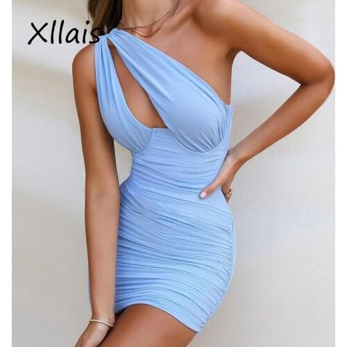XLLAIS Bule One Shoulder Pleated Mini Dresses For Women 2021 Slim Bodycon Backless Robe Fashion Office Ladies Club Partywear