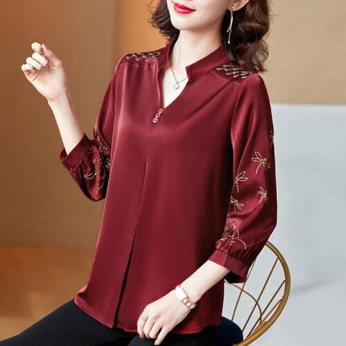 2021 New Chic Women Satin Shirts Long Sleeve Solid Embroidery V-neck Elegant Office Ladies Workwear Blouses Female Plus Size F66