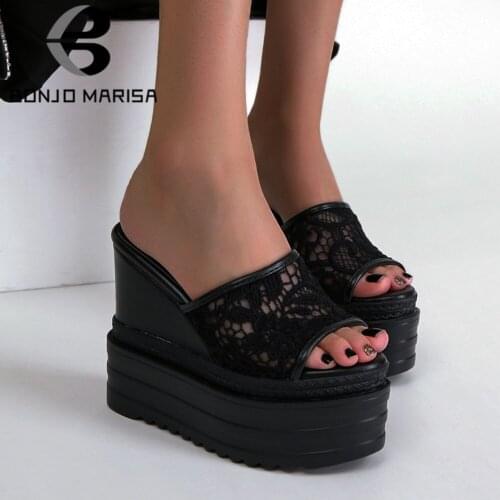BONJOMARISA Office Lady Elegant Sexy Lace Open Toe Platform Wedges Party Dress Slippers Summer high-heeled 13CM Women Shoes