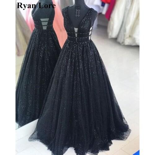 Women Sequined Prom Dresses 2020 Black V-Neck Formal Evening Gowns Long Party Vestidos Elegant Beaded Sleeveless robe de soiree