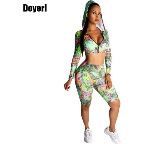 Snake Print Short Two Piece Set Women Hooded Tracksuit Summer Hollow Out Crop Top Jacket and Biker Shorts Set Casual Woman Set