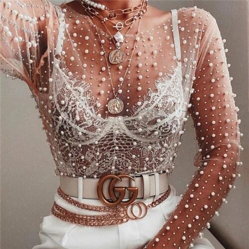 Womens transparent round neck long sleeve sexy lace mesh shirt club party top ladies 2021 spring pearl beaded fashion top