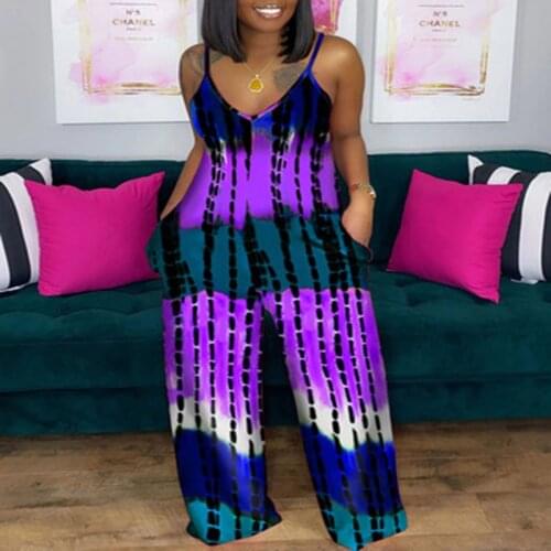 Ladies Jumpsuit New Summer Tie-Dye Printing Hanging Wide Loose Jumpsuit Casual Striped Deep V-Neck Net Red Womens Clothing Met