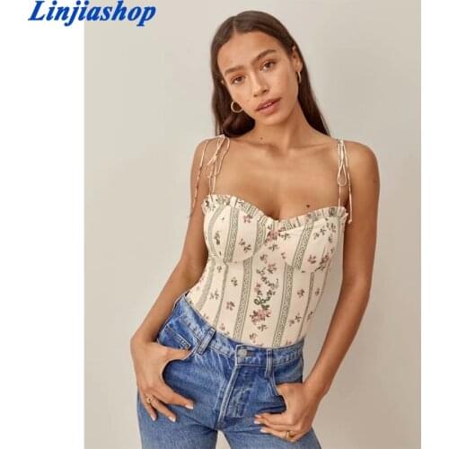 2021 French Summer Striped Flower Print Bandage Spaghetti Strap Retro Sexy Women Lacing Up Sling Top Vestido