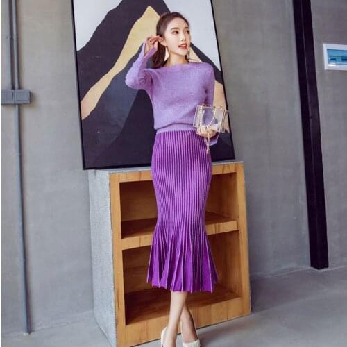Autumn 2 Piece Set Women Suit Grey Purple Knitted Full Sleeve O Neck Top and Mermaid Midi Skirt Two Piece Set Elegant Vestidos