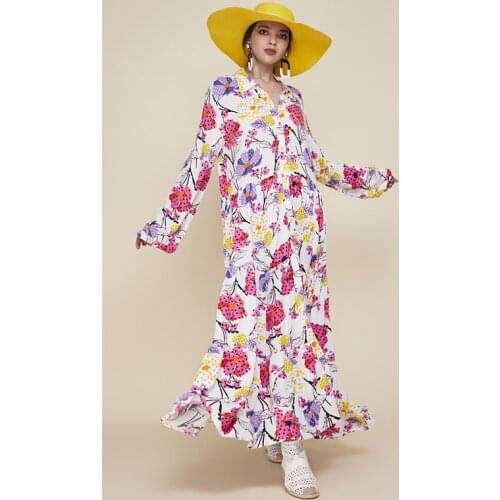 For Women Floral Pattern Shirt Collar Long Dress 2021 New Fashion Clothing 3 Different Color Options White Orange And Sax Blue