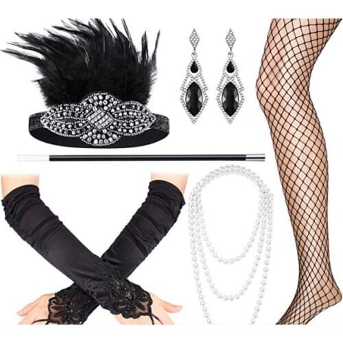 1920s Flapper Accessories Set Gatsby Costume Accessories Flapper Headband Pearl Necklace Gloves Earring Smoke Rod filar socks