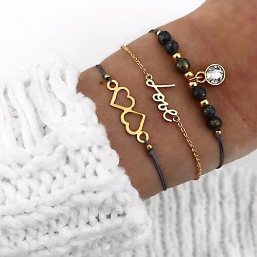 3 Pcs/Set Women Fashion Vintage Double Heart LOVE Letter Crystal Pendant Beaded Leather Bracelet Set Charm Jewelry Accessories