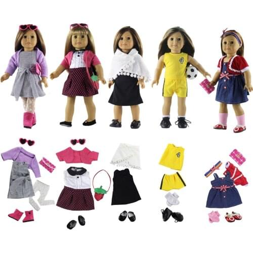 Hot 5 Set Doll Clothes+5 pairs Shoes+3 bags+2 pairs Socks+2 pairs glasses+1 football for 18"American Doll