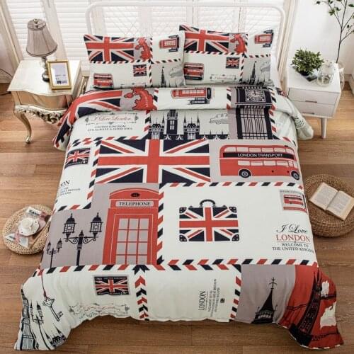 Free shipping Retro Stamp UK Union Jack Flag London Scenery Symbol Big Ben Red Telephone Booth Bus Bedding Quilt Duvet Cover Set