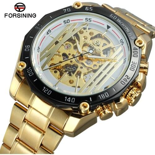 Forsining Top Brand Military Sport Design Automatic Transparent Golden Luxury Stainless Steel Skeleton Mens Mechanical Watches