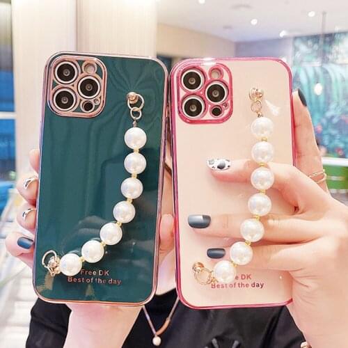6D Plating Pearls Hanging Chain Phone Case For Samsung A71 A51 A31 A41 A21 A21S A10S A6Plus A70 A50 With Wrist Strap Bracelet