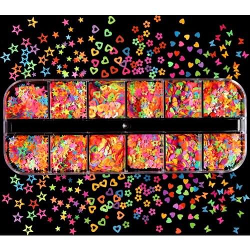 Fluorescence Butterfly Heart Sequins Nail Art Glitter Flakes Mix Flowers Stars Sequins Polish Manicure Design Nail Decorations
