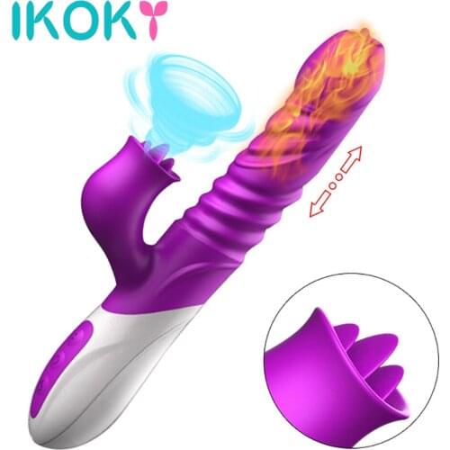 IKOKY Telescopic Dildo Vibrator Double Tongue Licking Oral Sex G Spot Clitoris Vagina Stimulator Sex Toys for Women 10 Speed