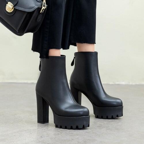 Authentic leather Side zip rivet thick heel mid boots high heel lacing Martin boots womens leather boots heel 12cm