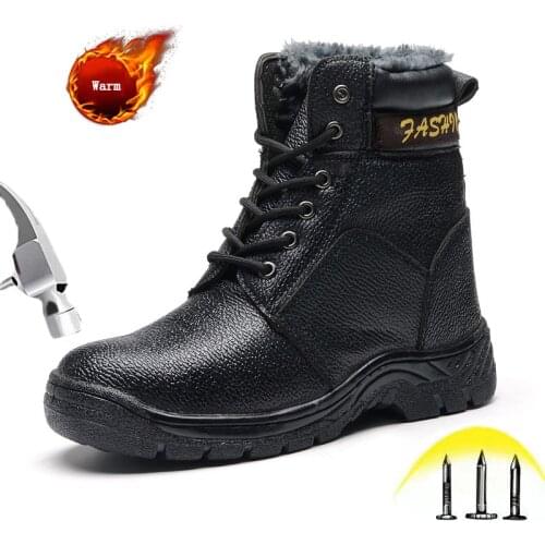 Leather Safety Boot For Men and Women Winter Thicken Fluff Warm Steel toe Puncture Proof Non-slip Construction Safety Work Shoes
