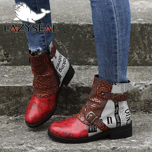 LazySea 2021 New Buckle Women Short Boots Zipper Flowers Prints Fretwork Decorate Square Heel Booties Non-slip Big Size 42 43
