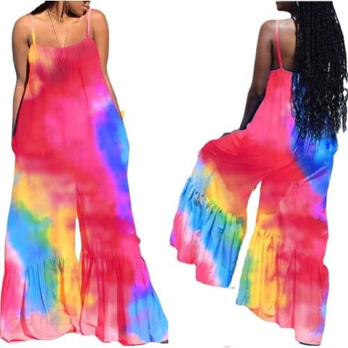M-5XL Plus Size Jumpsuit women clothing summer 2021 casual tie dye printing Sling Loose Wide leg rompers Wholesale Dropshipping