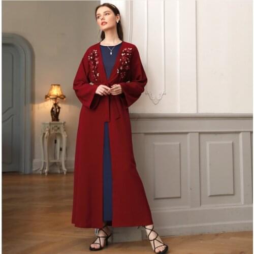 Maxi One Piece Dress for Namaz Red Front Open Abaya in Dubai Kimono Turkish Women Clothing Long Muslim Abaya Cardigan Islamic