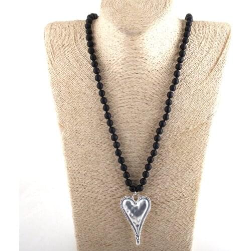 MOODPC Fashion Long Knotted Jewelry Black Lava Metal Heart Pendant Necklaces