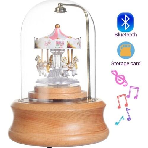 Bluetooth Carousel Music Box Romantic Couples Solid Wood Musical Boxes with Led Lights Chirstmas Valentines Day Proposal Gift