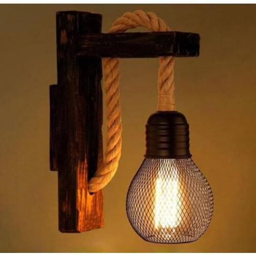 Retro Industrial Loft Wood Hemp Rope Wall Lamps Fixture Retro Hallway Bedside Light Luminaire Industrial Decor Lighting Wooden