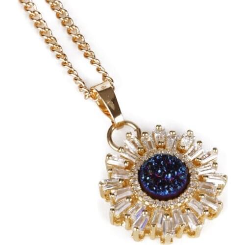 KEJIALAI Shining Sun Shape Pendant Necklace Natural Stone Druzy Rhinestone Necklaces Fashion Style Accessories Gift