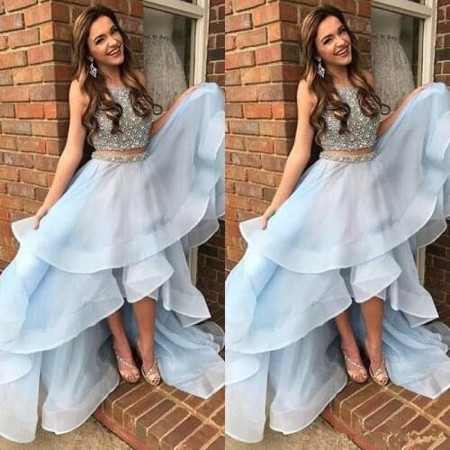 2019 Light Sky Blue Prom Dresses Two Pieces Beading Crystal High Low Tiered Ruffles Formal Pageant Party Evening Gown prom dress