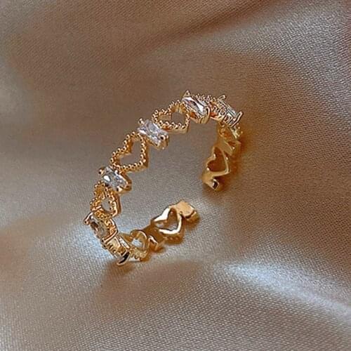 Gold Plated Simple Geometric Hollow Heart Zircon Opening Ring For Women Exquisite Wedding Anniversary Jewelry