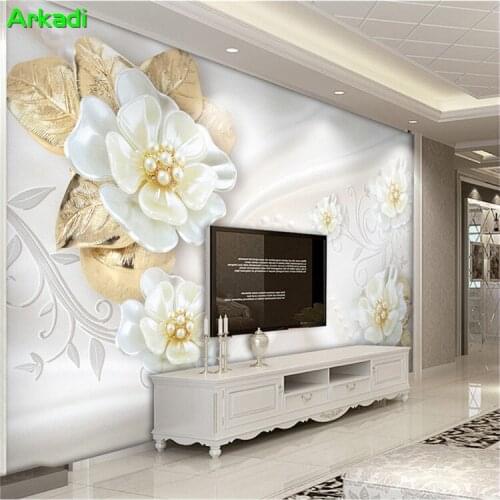 Modern minimalist TV mural 3D three-dimensional jade relief flower living room bedroom TV wall paper home decoration