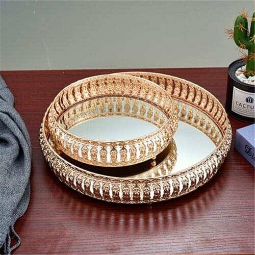 Vintage Iron Glass Mirror Tray Home Desktop Decorative Fruit Jewelry Cosmetics Storage Plate